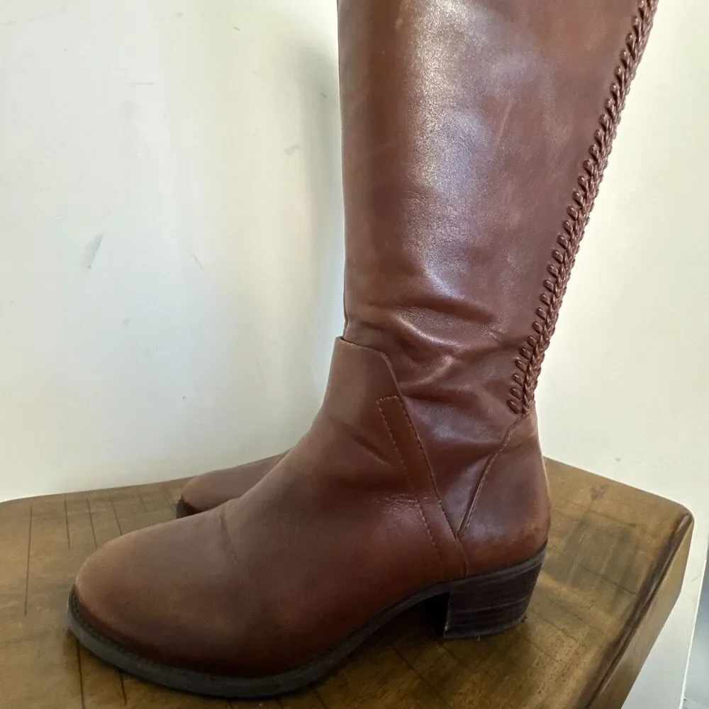 Vince Camuto Brown Leather Tall Riding Boots Braided Womens 7.5 Classic